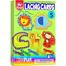 KRAFUN Safari Animal Lacing Card Kit for Kids Ages 3-8, 5 Beginner Arts & Crafts Projects with Lion, Monkey, Elephant, Instructions, Preschool Fine Motor Skills Toy, Educational Gift