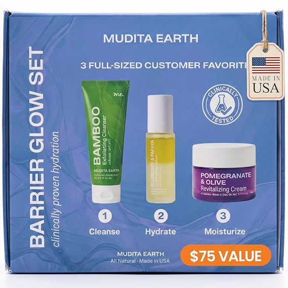 3-Step Skincare Bundle Bamboo Exfoliating Scrub, Hyaluronic Acid + Vitamin B5 Serum & Squalane Face Cream | Dermatologist-Tested Set for Acne, Dry, Sensitive & Aging Skin, Clean Beauty | Mudita Earth
