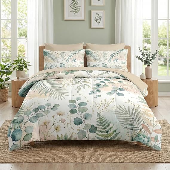 Queen Comforter Set with Sheets, 7 Pieces Succulent Bedding
