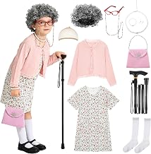 Old Lady Costume for Kids 100 Day of School Costume for Girls 100th Day of School Dress Up Grandma Wig Cane Outfit