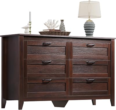 WLIVE Wood Dresser for Bedroom, Double 6 Drawer Dresser with Metal Handle, Large Wooden Chest of Drawers for Living Room, Hallway, Closet, Rustic Brown