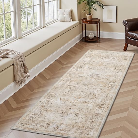 AMOAMI-2X6 Runner Rug-Washable Runners for Hallways-Soft Non Slip Bedside Rugs for Bedroom-Vintage Long Rug for Hallways Entryway Laundry Room Stair Kitchen Bathroom Beige