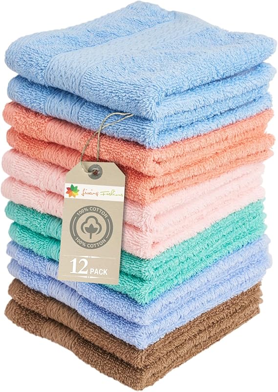 Living Fashions Washcloths, 13" x 13" Washcloths 12 Pack, Face Towels | Thick Loop Pile Wash Cloths Absorbent and Soft 100% Ring-Spun Cotton Washcloths Lint Free Wash Rags Perfect for Bathroom