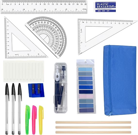 17Pcs Back to School Stationery Set, Math Geometry Kit with Compass, Ruler, Highlighter, Sticky Notes, Eraser, Sharpener, Exam Supplies for Secondary School