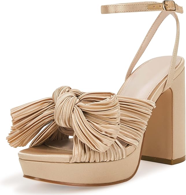 VETASTE Women's Pleated Bow Knot Platform Heeled Sandals Open Toe Chunky Block Heel Ankle Buckle Strap Bridal Wedding Dress Shoes