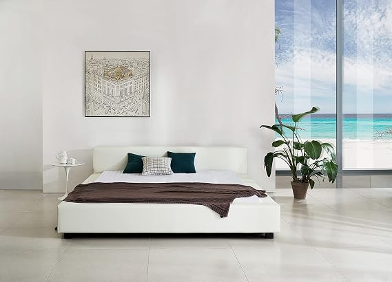 Queen Size Bed Frame, White Color, Modern Design Upholstered Platform Bed, No Box Spring Needed, Strong Wood slats Support, Easy Assembly, Simple Classic Bed, White Bed