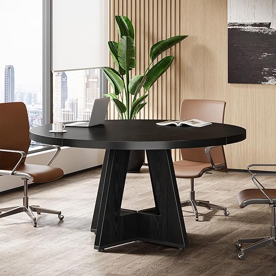 Tribesigns 47-Inch Round Conference Table for 4-6 People, Wooden Meeting Room Table with Thicken Tabletop and Wood Base (Black)