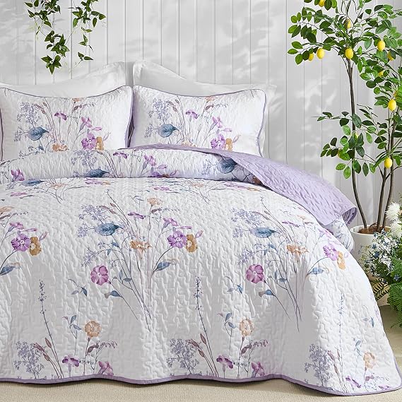 WONGS BEDDING Purple Floral Quilt Set,Reversible Bedspread King Size | 3 Pieces Colorful Floral Print,Soft and Lightweight Microfiber Coverlet for All Season(King, 96"x90")