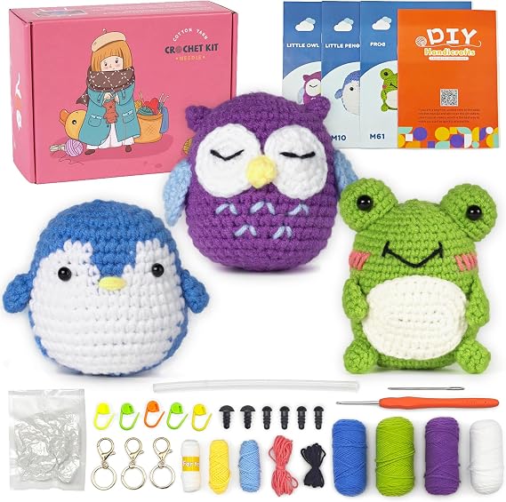 Animal Beginner Crochet Kit with Penguin Owl Frog, Complete Starter Supplie