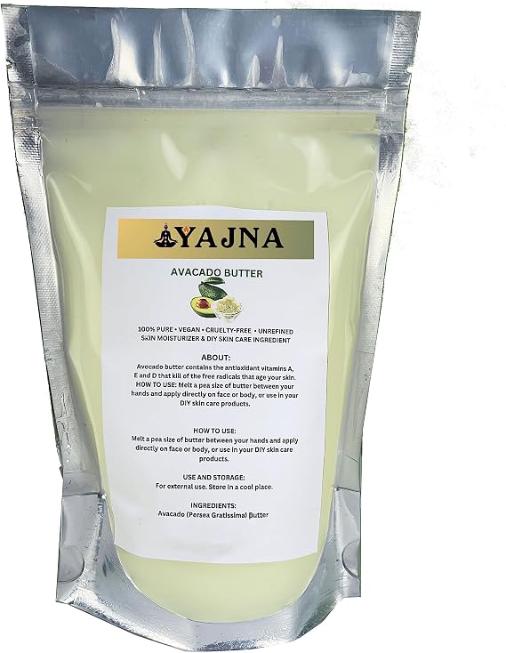 Yajna Organic Raw Avocado Butter Pure,Natural Unrefined Skin Moisturizer For Face, Body Hair Grade A Diy Creams, Balms, Lotions, Soaps Softens Dry Tough Skin 4 oz 115 gm Ivory White