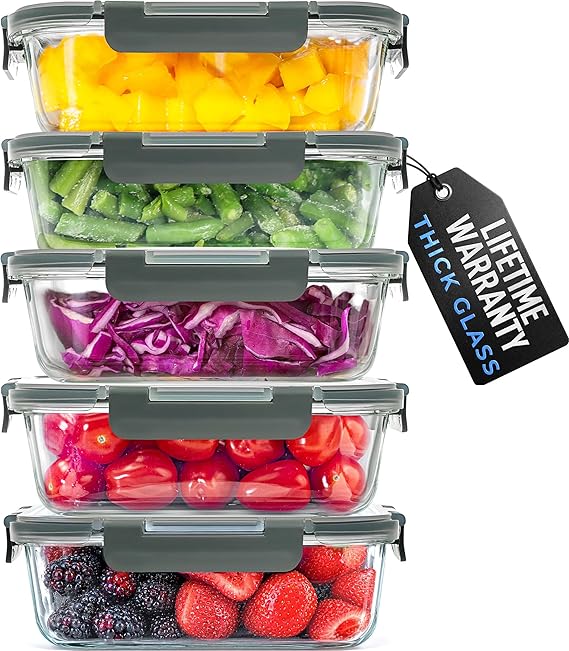 Zulay Kitchen 5 Piece Large 36oz Glass Storage Container Sets with Lids - Premium BPA Free Borosilicate Glass Food Storage Containers - Leak-Proof Meal Prep - Microwave, Freezer & Oven Safe - Gray