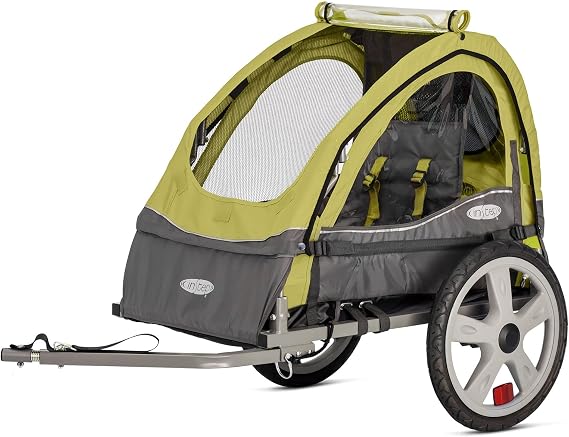 Sync Single Seat Bike Child Trailer, Max Weight 40 lbs., 5-Point Harness, Folding Frame, Quick Release Wheels, Easy Storage, Bug Screen & Weather Shield, Green/Grey