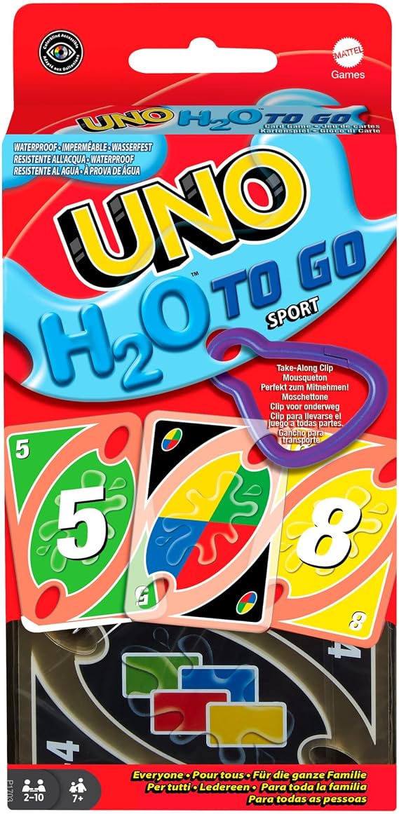 Mattel Games UNO H2O to Go Water resistant cards 2-10 players Ages 7+ | Cards game, to take to the beach or pool, handy clip, travel essential, P1703