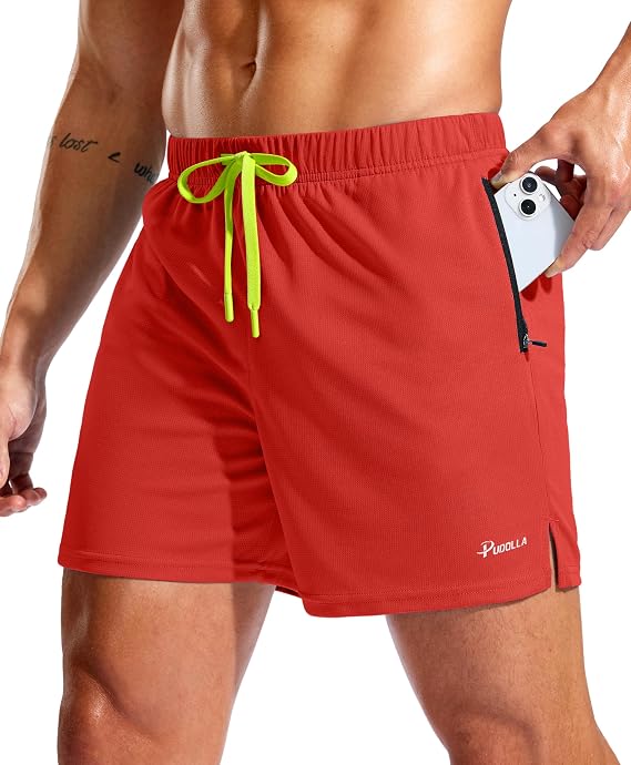Pudolla Men's Workout Running Shorts with Zipper Pockets 5" Lightweight Quick Dry Athletic Gym Mesh Shorts no Liner