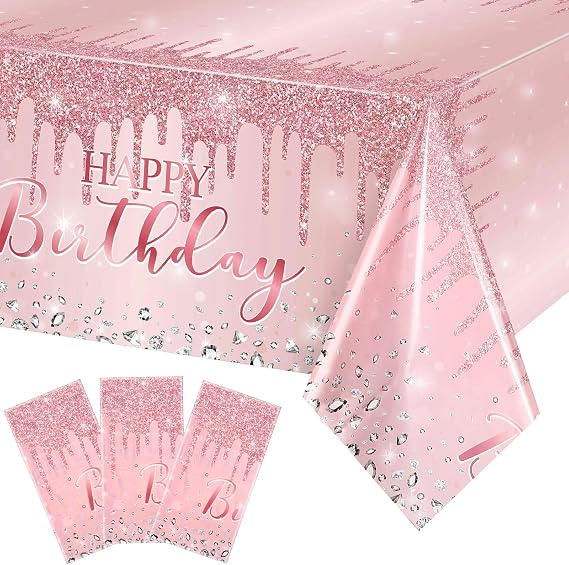 Pajean 3 Pcs Glitter Diamond Happy Birthday Tablecloth,Pink and Rose Gold