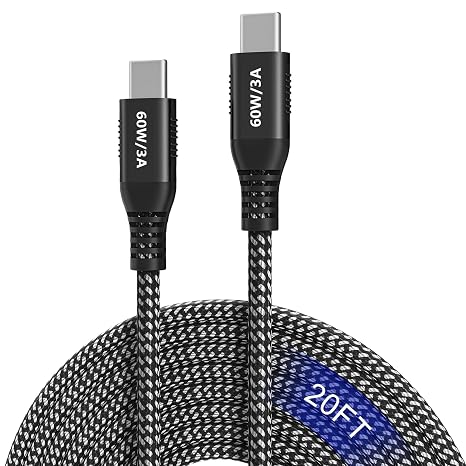 20ft USB C to USB C Cable 60W Fast Charging, Super Long Braided Type C Cable for iPhone 15/15 Pro/16/17, Samsung Galaxy S24, iPad Pro/Air, MacBook Pro/Air, Google Pixel (USB 2.0 Data Sync)