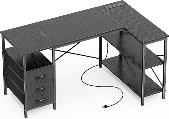 Huuger L Shaped Office Desk with Power Outlets & 3 Drawers