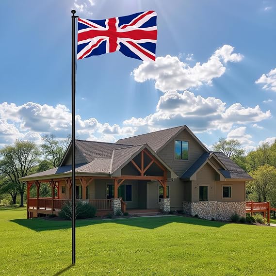 25FT Aluminium Sectional Flagpole Kit with UK Flag, Black | Detachable Flag Pole in Ground, Black Ball Finial and Halyard Rope for Residential, Garden Yard and Commercial Use