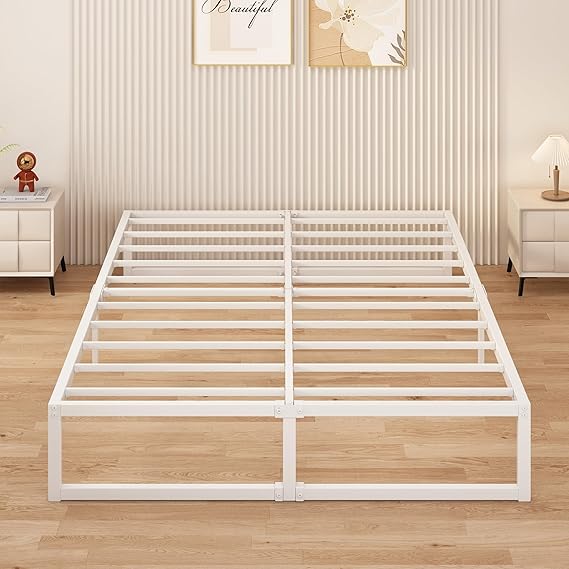 Double Bed Frame 135x190 cm Metal Platform Bed Double with Steel Slat Support, Easy Assembly, Noise Free, No Box Spring Needed, 36cm High, White 