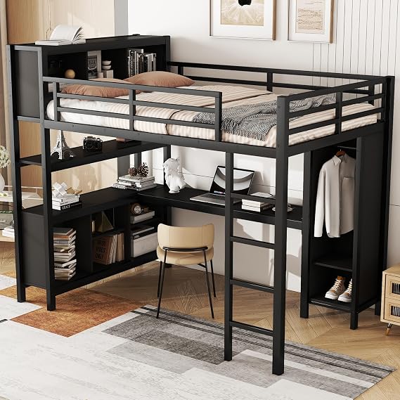 Linique Metal Loft Bed with Wardrobe & L-Shaped Desk - Sturdy Space-Saving Loft Bed Includes Storage Cubes, Shelves for Kids, Teens, Adults (Black, Full)