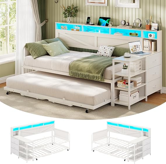 VIAGDO Daybed Twin with Pop Up Trundle, Farmhouse Wooden Day Bed Frame with 3 Storage Drawers and Shelves, Twin to King Daybed with Charging Station and LED Lights for Bedroom, Guest Room, White