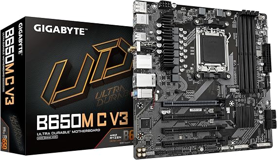 GIGABYTE B650M C V3 (rev. 1.0) AMD AM5 mATX Motherboard, Support Ryzen 9000/8000/7000 Series, DDR5, 5+2+2 Power Stages, 1x M.2, PCIe 4.0, USB-C 3.2 Gen 1, WIFI6, GbE, EZ-Latch, Q-Flash, RGB Fusion