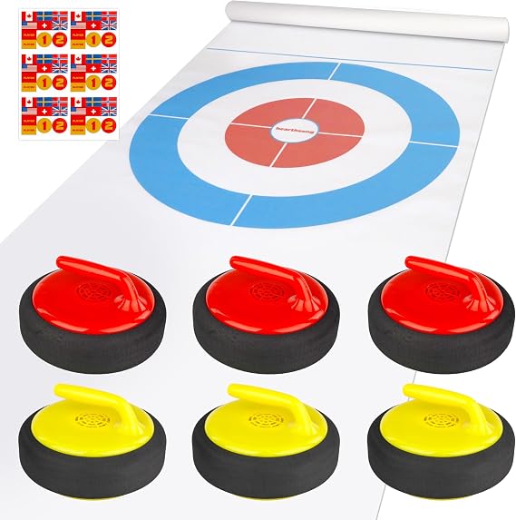 HearthSong Curling Zone Indoor Battery Operated Hovering Curling Set Fun Family Game for Kids and Adults 6 Curling Stones and Floor Mat Olympic Sport Party Game Equipment Age 3+