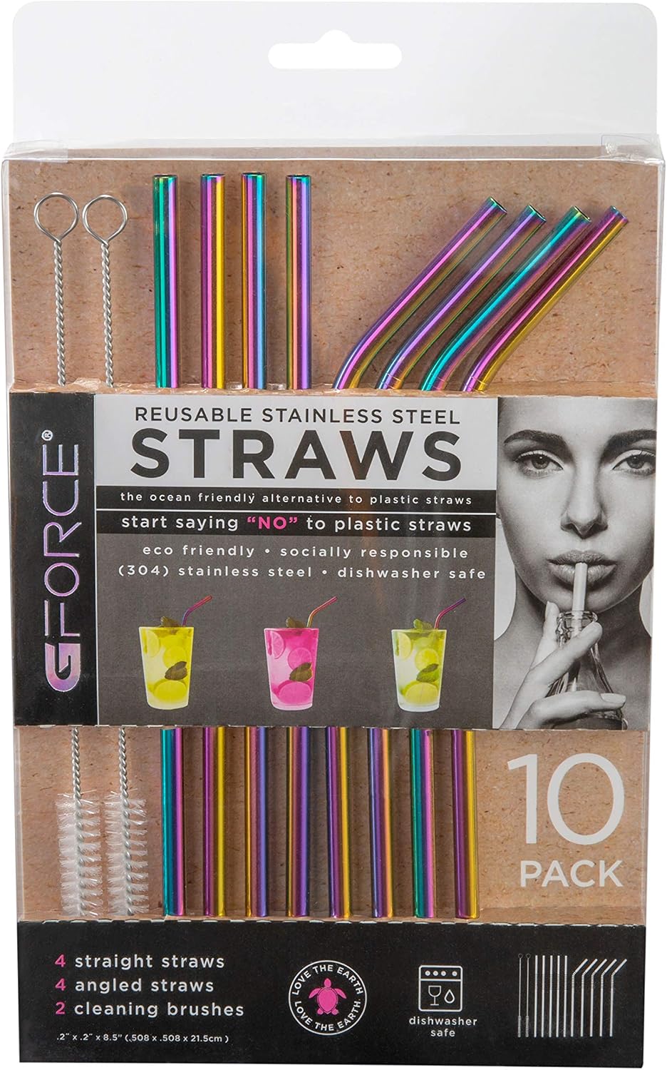 GForce Rainbow Eco-Friendly Reusable Stainless Steel 10 Pack Set, Including 4 Straight, 4 Angled Straws, 2 Cleaning Brushes, Standard