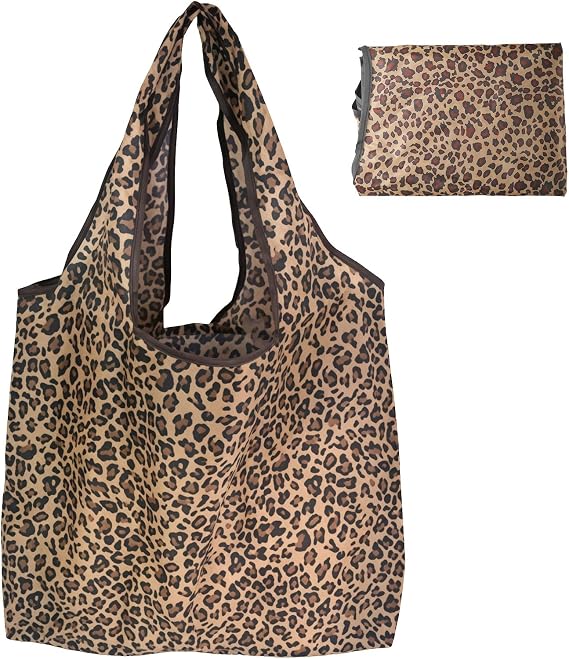 Foldable Shopping Bags, Reusable Waterproof Tote Bags Washable Shopping Bag in Pouch Lightweight Ladies Shopper Bag Large Foldaway Shopping Bags for Daily Use Travel Picnic (Leopard Print)