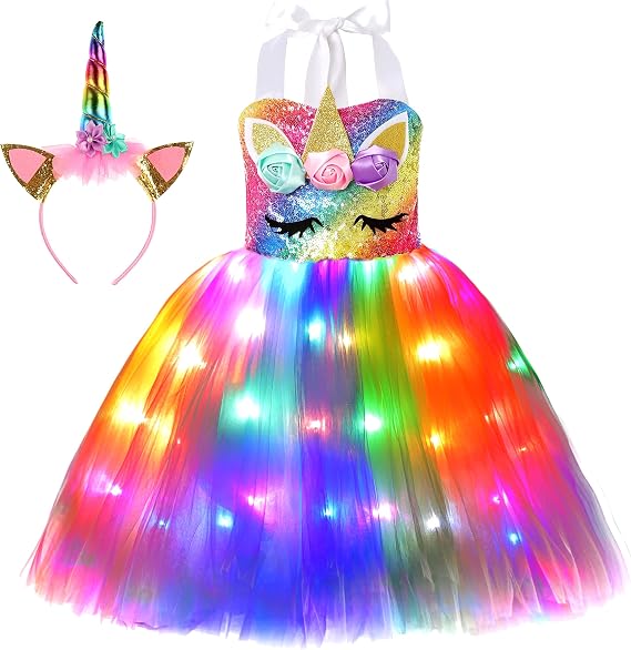 Soyoekbt Girls Unicorn Costume LED Light Up Princess Tutu Dress with Unicorn Headband for Halloween Birthday Party