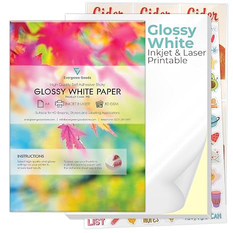 Evergreen Goods A4 White Glossy Self-Adhesive Sticker Paper | 50 Sheets
