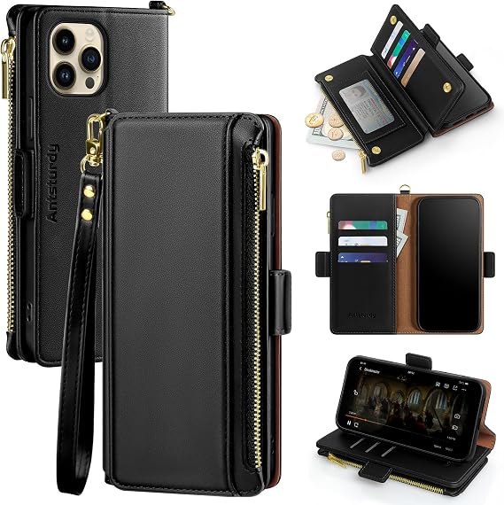 Antsturdy Compatible with iPhone 12 Pro Max Wallet Case,RFID Blocking PU Leather Phone Case Women Men flip Protective Cover Wrist Strap Zipper Credit Card Holder Slots,for Apple 12 Pro Max,Black