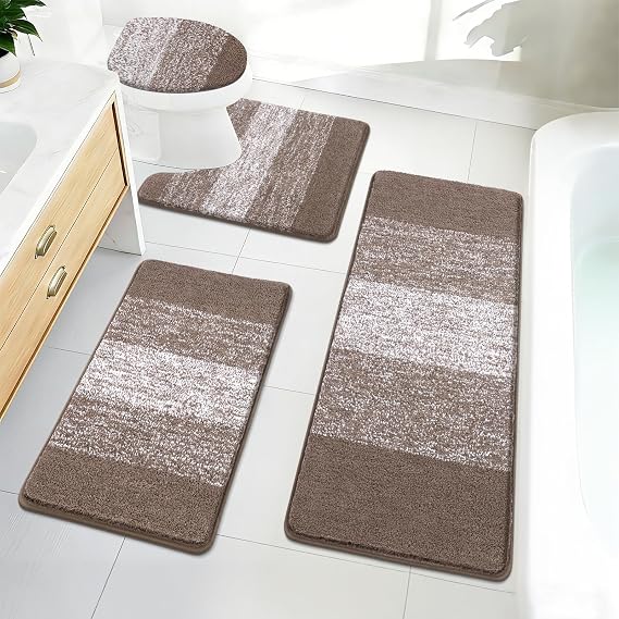 Bsmathom Bathroom Rug Set 4 Piece, Plush Microfiber Bath Mat, Coffee