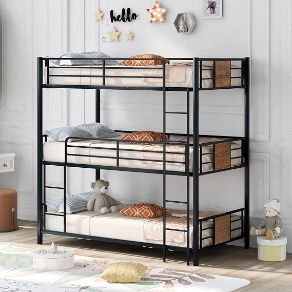 KLMM Metal Triple Bunk Beds Twin Over Twin Over Twin Bunk Beds Frame with Safety Guardrails and Built-in Ladder for Kids & Teens (Black+Brown + Steel)