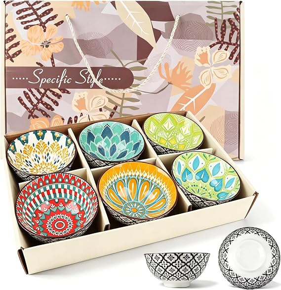 Set of 6 10oz Ceramic Rice Bowls Gift,4.6''Small Dessert Bowls for Cereal,Snack (Colorful)