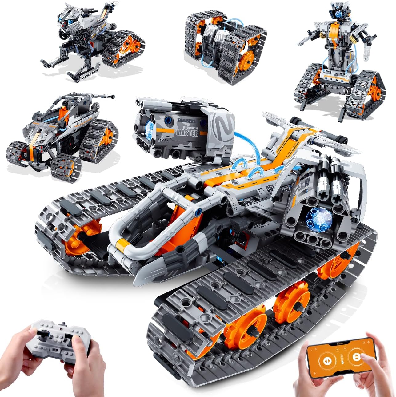 Technology Robot for Children with LED Light 5-in-1 App and Remote Control Kit RC RobotTrackedRacerTechnic TankCar Sledge Rechargeable Gift for Boys and Girls 6-12 Years