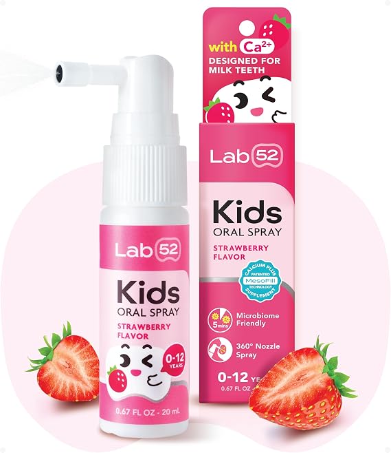 LAB52 Kids Oral Spray, Toothpaste Helper Fluoride Free, Xylitol Strawberry | Toddler Mouth Spray for Newborn to Preschoolers, Fresh Breath, Baby Essentials, Children Approved