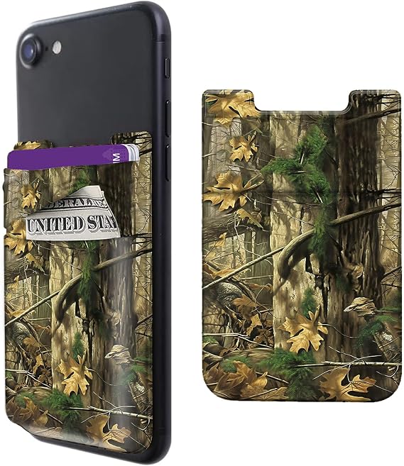 Rossy Cell Phone Wallet Adhesive Card Holder Stick on Wallet Pocket Lycra Credit Card ID Case With Camouflage Tree Stylish Pattern for Back of Phone for All Smartphones