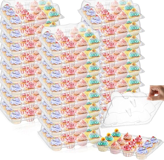 AVLA 24 Pack Mini Cupcake Containers, 12-Count Plastic Cupcake Carrier, Stackable Cupcake Box with Detachable Secure High Top Lid, Disposable Cupcake Holder Tray, Muffin Packaging Transporter To Go