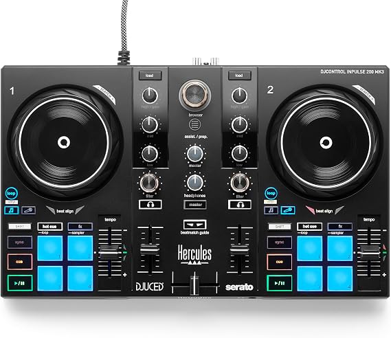 Hercules DJControl Inpulse 200 MK3 DJ Controller, Perfect for Learning Mixing, Includes Software and Tutorials | ビートマッチライトガイド、専用ステムコントロール、8つのパフォーマンスパッド、タッチジョグホイール&DJUCED/Serato DJ Lite