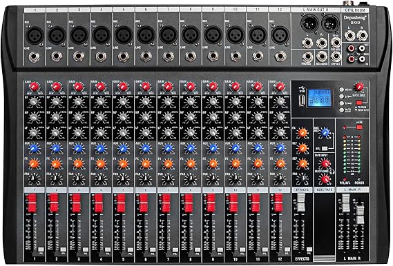 Depusheng Audio Mixer Professional 12 channel,DX12 Sound Board DJ Mixing Console System Interface USB MP3 Input Bluetooth 48V Phantom Power,Black, USB Audio Mixer for PC,for Studio Karaoke Live Music