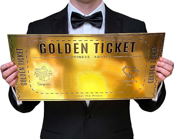 Extra Large Golden Ticket - Write Any Message on Giant 58cm Width - Perfect for Corporate or Charity Events - Double Sided Gold - Large Blank Cheque - 1pc