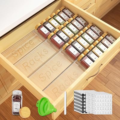 24 Spice Jars with Spice Drawer Organizer, 355 Spice Labels, 2 Pack Expandable From 11 to 21 Acrylic Spice Rack for Drawer, Seasoning Containers Storage Organization for Kitchen Cabinet Countertop