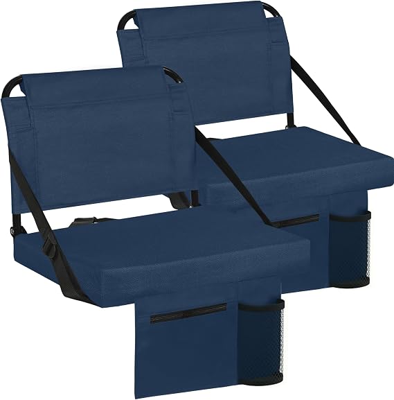 Stadium Seats for Bleachers 2 Pack w/Back Support Bleacher Seat Soft Cushion Light Weight Includes Shoulder Strap & Cup Holder, Front & Back Zipper Pocket, Suitable for Sports Events,Navy