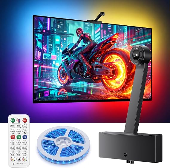 TV Backlight with Camera, 4K Optical Sensor Sync for 55-65 inch TV, Privacy-First Smart LED Strip Lights, Multi-Zone Segmented Color, PS5/Xbox Gaming & Movie Night Ambience, 24-Key Remote [Energy Class A+]