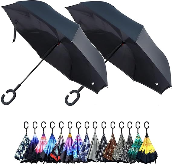 Parquet Purple and Blue Flower Double Layer Inverted Umbrellas - C Shaped Handle Reverse Folding Windproof Umbrella for Men and Women