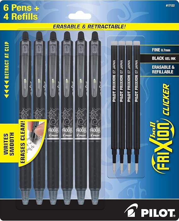 PILOT FriXion Clicker Erasable Pens, 0.7mm Fine Point, Black Ink | Refillable & Retractable Gel Ink Pens Ideal for School, Journaling, Office Writing, Pack of 6 Black Ink Pens with 4 Refills