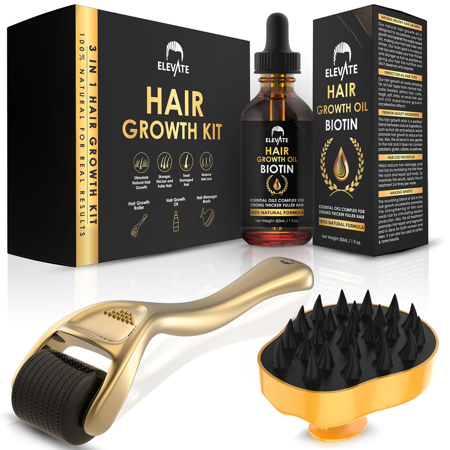 ELEVATE Hair Kit - Derma Roller  Biotin Hair Oil  Hair Scalp Massager Brush