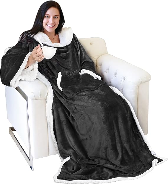 Catalonia Sherpa Wearable Blanket with Sleeves and Kangaroo Pocket | Dual-Layer Blanket Wrap for Extra Warmth, Reading, Watching TV and Relaxing, Christmas and Birthday Gift for Women and Men