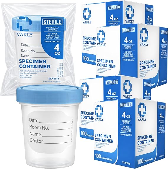 Vakly Sterile Specimen Cups 4 oz (Pack of 400) Individually Bagged Clear Urine Collection Cups with Leak-Proof Screw-On Lids